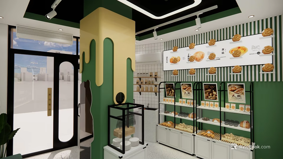 Vibrant Green And Yellow Dessert Shop Interior With Glass Display Cases And Pastry Posters 3d model 