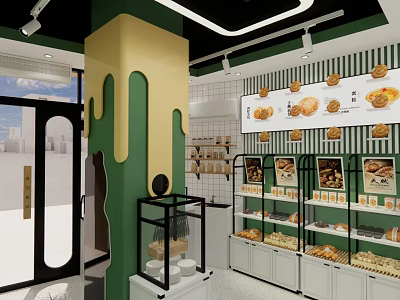 Vibrant Green And Yellow Dessert Shop Interior With Glass Display Cases And Pastry Posters 3d model