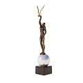Bronze Human Sculpture With Raised Arms Holding Antler Objects On White Orb Black Base