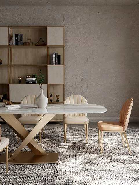 Modern Luxury Dining Table Set With Marble Top Wooden Cross Legs And Beige Padded Chairs 3d model 