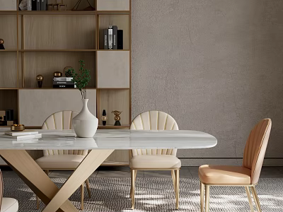 Modern Luxury Dining Table Set With Marble Top Wooden Cross Legs And Beige Padded Chairs 3d model