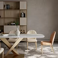 Modern Luxury Dining Table Set With Marble Top Wooden Cross Legs And Beige Padded Chairs