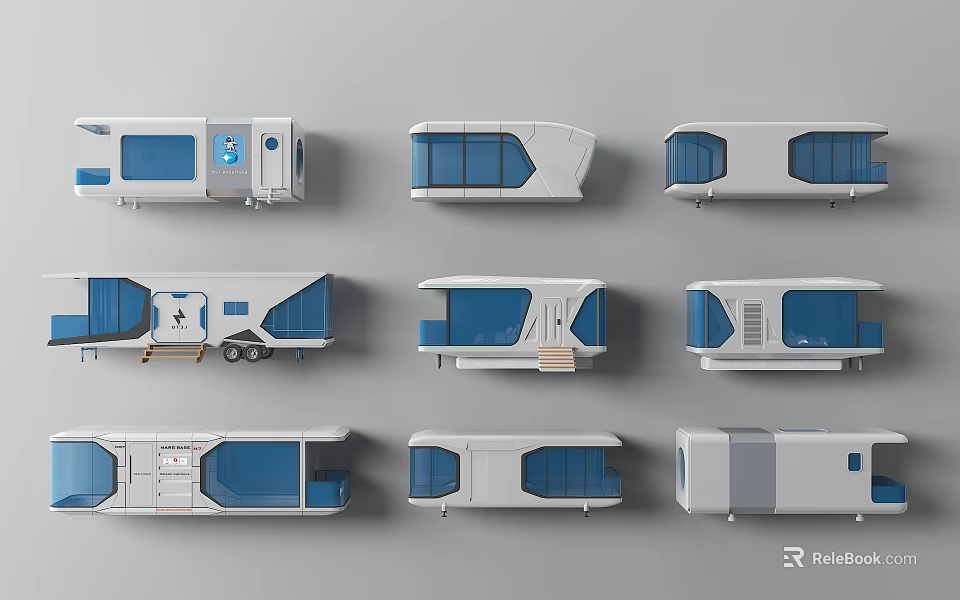 Rv Style Guesthouse Buildings With Various Designs And Blue White Exteriors 3d model 