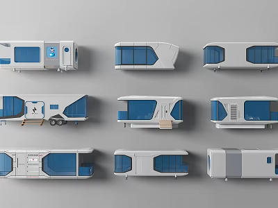 Rv Style Guesthouse Buildings With Various Designs And Blue White Exteriors 3d model