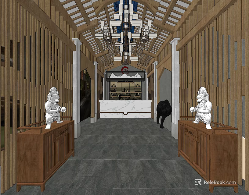 Traditional Chinese Elevator Hallway Interior With Wooden Beams Stone Sculptures And Chandelier 3d model 