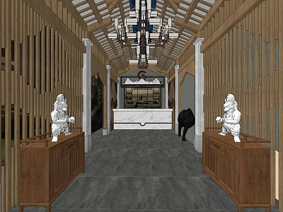 Traditional Chinese Elevator Hallway Interior With Wooden Beams Stone Sculptures And Chandelier 3d model