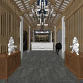 Traditional Chinese Elevator Hallway Interior With Wooden Beams Stone Sculptures And Chandelier