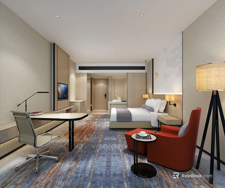 Modern Hotel Room Interior With Comfortable Bed Desk Floor Lamp And Orange Chair 3d model 