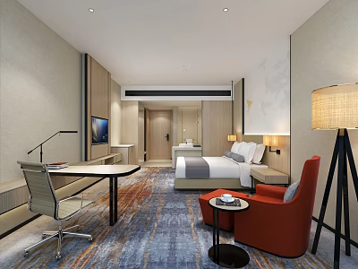 Modern Hotel Room Interior With Comfortable Bed Desk Floor Lamp And Orange Chair 3d model