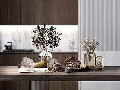 Elegant Ornamental Decorative Set with Vases and Plants for Modern Kitchen Tabletop 3d model