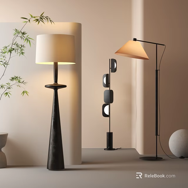 Modern Floor Lamps In Minimalist Interior With Bamboo Plants And Spherical Decor 3d model 