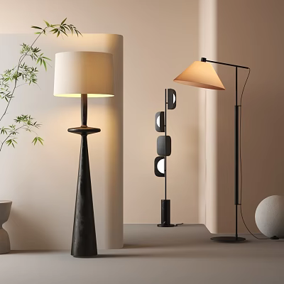 Modern Floor Lamps In Minimalist Interior With Bamboo Plants And Spherical Decor 3d model