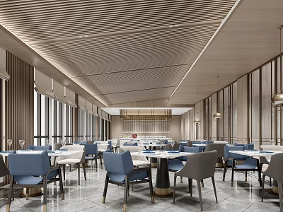 Modern Restaurant Interior With Wavy Wooden Ceiling Blue Gray Chairs White Tables And Large Windows 3d model
