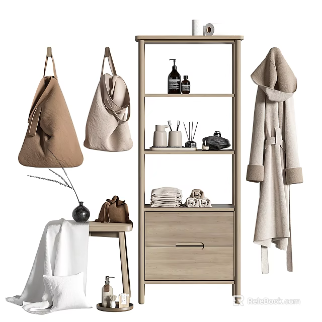 Soft Cotton Towels In Bathroom With Wooden Cabinet Bath Products And Cozy Robe 3d model 