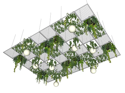 Ceiling Design With Grid Structure Green Hanging Plants And Round Balls 3d model