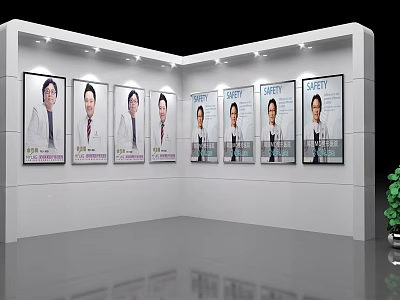 Exhibition Background Wall with Multiple Safety Posters Featuring People in White Coats and Bright Lighting 3d model