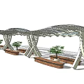 Modern Geometric Pergola Designs With Wooden Mesh Structure And Plant Decor