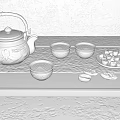Traditional Tea Set Featuring Metal Teapot Bamboo Handle Ceramic Teacups and Pastries on Wooden Tray