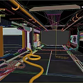 Sci Fi Building Interior With Metallic Walls Yellow Strip Lights Colored Hoses And Floor Tracks
