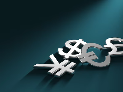 Metallic Currency Symbols Design With Shiny Dollar Euro Pound And Yen Signs On Dark Background 3d model