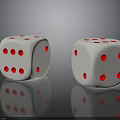 Two White Dice With Red Dots On Black Table Showing Clear Reflections