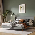 Modern Double Bed Interior With Dark Green Wall Wooden Floor Minimalist Art And Plants