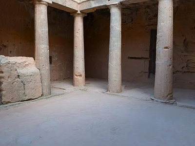 Ancient Stone Columns in Historical Building Interior with Rough Stone Walls and Earthen Floor 3d model