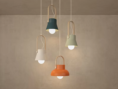 Colorful Pendant Lights With Wooden Handles Hanging From Ceiling Against Gray Wall Background Brightly Illuminated 3d model