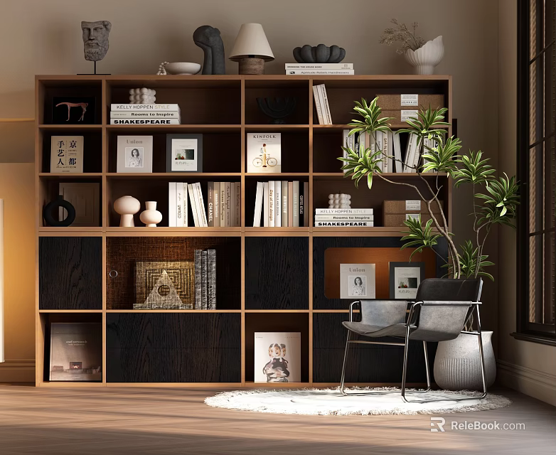 Sleek Wooden Bookcase With Multiple Shelves Books Photo Frames Decorative Items Chair Plant And Rug 3d model 