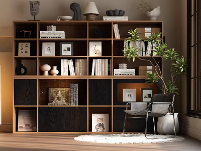 Sleek Wooden Bookcase With Multiple Shelves Books Photo Frames Decorative Items Chair Plant And Rug 3d model