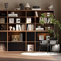 Sleek Wooden Bookcase With Multiple Shelves Books Photo Frames Decorative Items Chair Plant And Rug