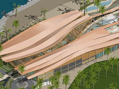 Hotel Building With Brown Curved Roof Design Surrounded By Palm Trees Beach And Swimming Pool 3d model