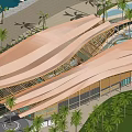 Hotel Building With Brown Curved Roof Design Surrounded By Palm Trees Beach And Swimming Pool