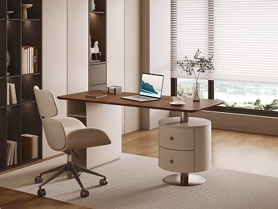 Modern Home Office Desk Setup With Wooden Surface Ergonomic Chair And Green Plant 3d model