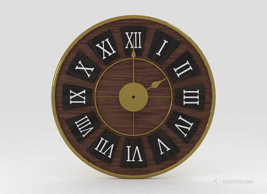 Vintage Round Clock with Wooden Frame and Roman Numerals Design 3d model 