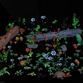 Lush Green Garden Plants With Colorful Flowers Mushrooms Snails Wooden Logs And Stones