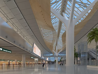 Spacious Airport Terminal With Glass Roof Wooden Ceiling White Pillars Palm Trees And People 3d model