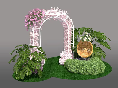 Elegant Event Entrance Arch Decorated with Pink Flowers White Frame and Green Plants 3d model