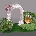 Elegant Event Entrance Arch Decorated with Pink Flowers White Frame and Green Plants