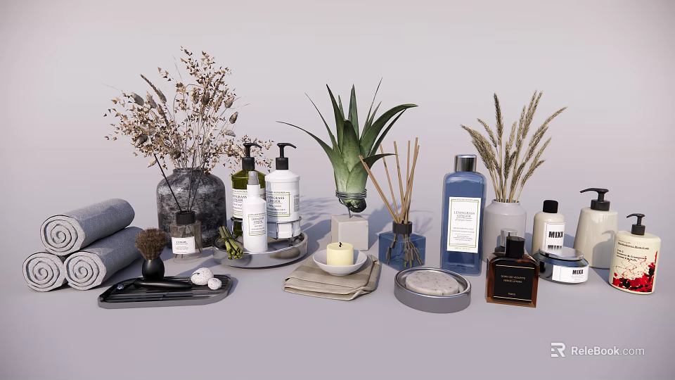 Stylish Bathroom Accessories With Lotion Bottles Diffusers Towels And Decorative Plants 3d model 