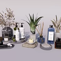 Stylish Bathroom Accessories With Lotion Bottles Diffusers Towels And Decorative Plants 3d model