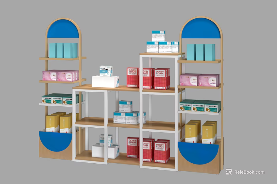 Shopping Mall Retail Counter with Arched Blue Display Shelves Holding Stacked Colorful Product Boxes 3d model 