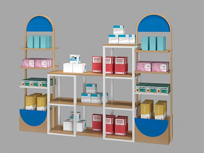 Shopping Mall Retail Counter with Arched Blue Display Shelves Holding Stacked Colorful Product Boxes 3d model