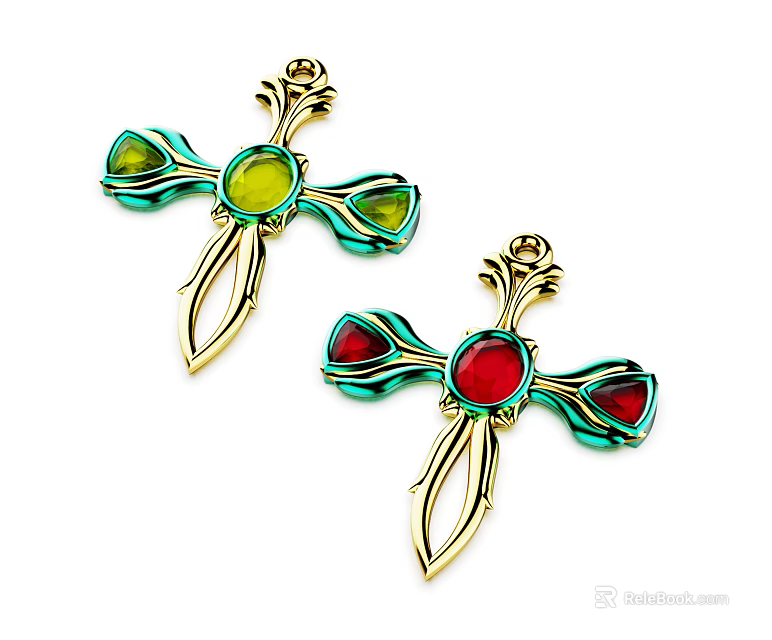 Cross Shaped Jewelry With Golden Frame Colorful Gemstones Green Red Central Stones And Leaf Decorations 3d model 