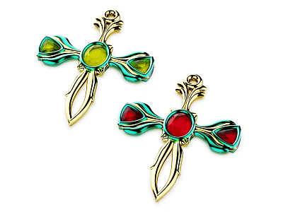 Cross Shaped Jewelry With Golden Frame Colorful Gemstones Green Red Central Stones And Leaf Decorations 3d model
