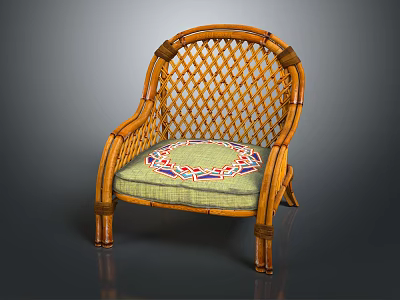 Rattan Leisure Chair With Wooden Frame And Green Cushion Featuring Colorful Pattern 3d model
