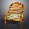 Rattan Leisure Chair With Wooden Frame And Green Cushion Featuring Colorful Pattern