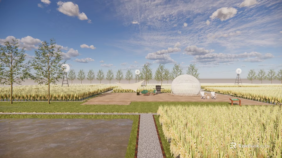 Rural Landscape Featuring Blue Sky White Clouds Vast Fields Trees Dome Structure And Gravel Path 3d model