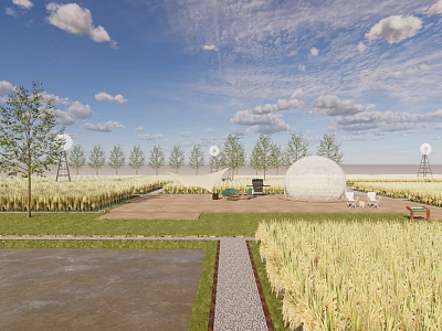 Rural Landscape Featuring Blue Sky White Clouds Vast Fields Trees Dome Structure And Gravel Path 3d model