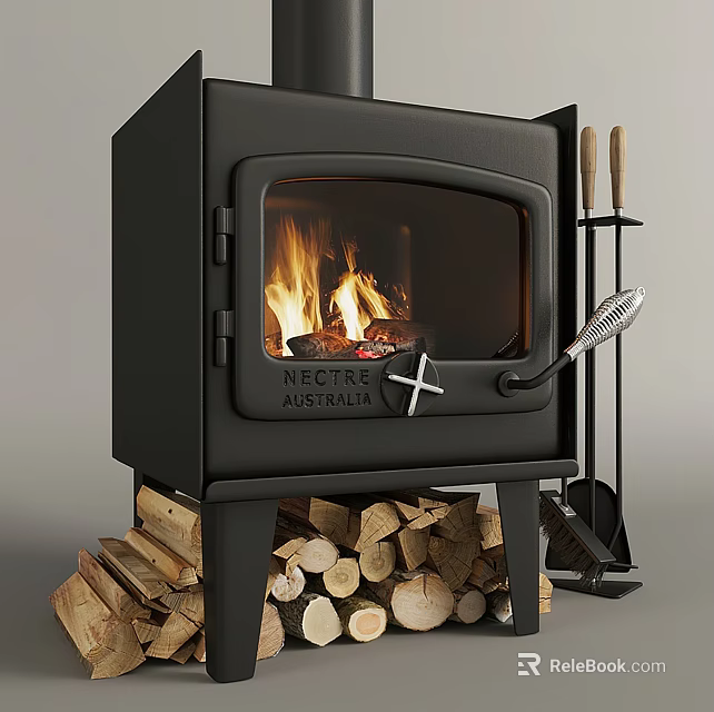 Black Wood Burning Fireplace With Flames Stacked Firewood Logs And Fireplace Tools 3d model 